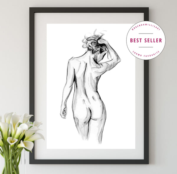 Black and white nude female figure watercolour print.