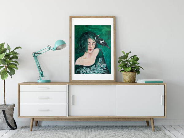 Green Girl and Magpie painting print
