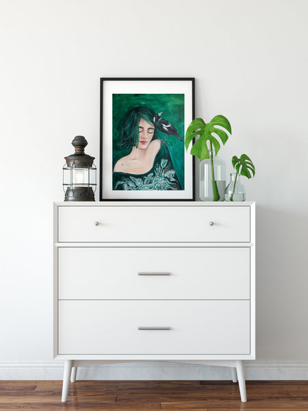 Green Girl and Magpie painting print
