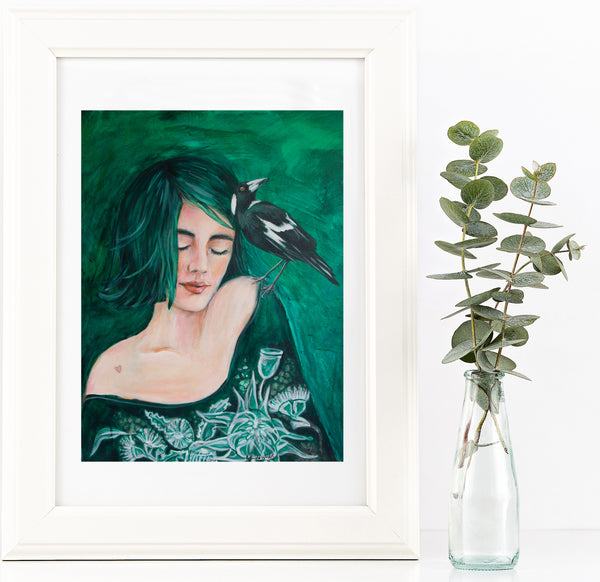 Green Girl and Magpie painting print