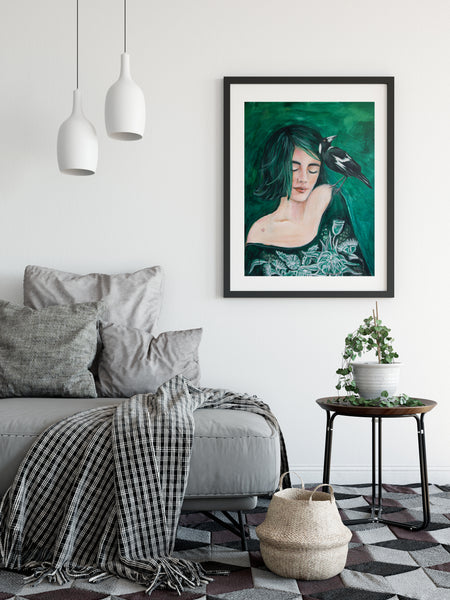 Green Girl and Magpie painting print