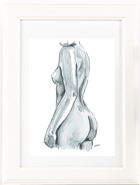 Black and white nude female side figure watercolour print.
