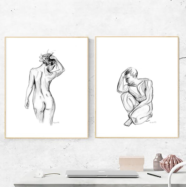Elegant nude male and female watercolor art print set. A4 or A3