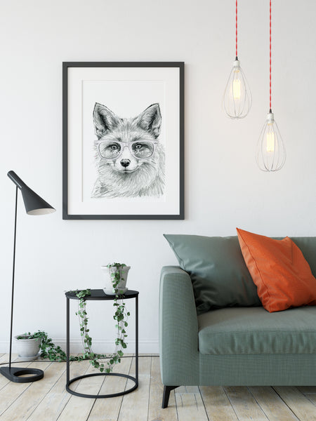 Black and white Fox with glasses monochrome print
