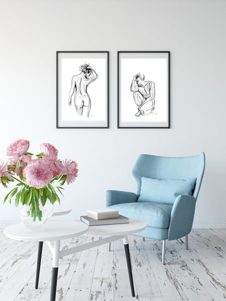 Nude male and female watercolor art print set. Black and white tasteful man and woman pencil sketch. Unique gift, boudoir, bedroom, bathroom decor