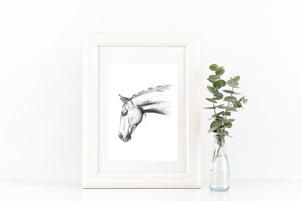 Hand drawn Horse portrait drawing print. Black and White pencil sketch horse lover art.