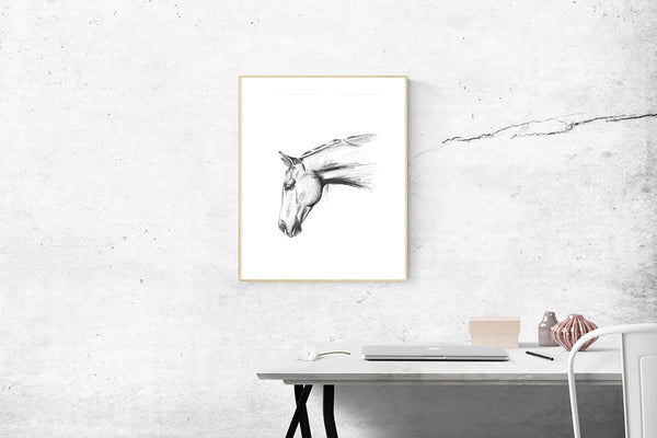 Hand drawn Horse portrait drawing print. Black and White pencil sketch horse lover art.