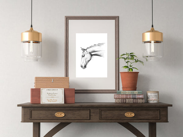 Hand drawn Horse portrait drawing print. Black and White pencil sketch horse lover art.
