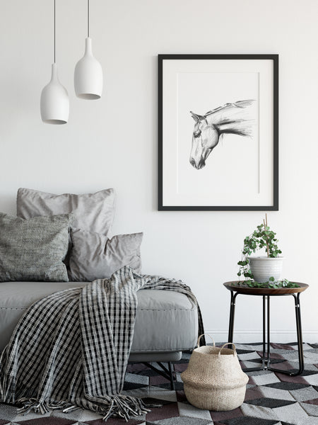 Hand drawn Horse portrait drawing print. Black and White pencil sketch horse lover art.