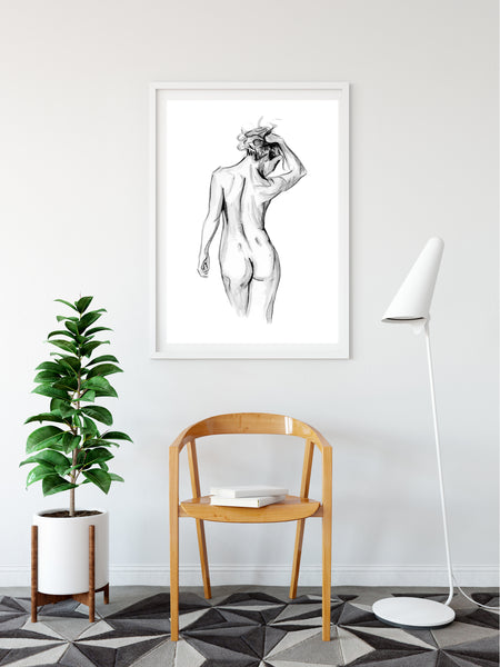 Black and white nude female figure watercolour print.