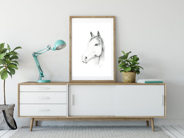 Hand drawn 'Chester' Horse portrait drawing print. Black and White pencil sketch horse lover art.