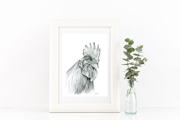 Graphite Rooster chicken drawing print