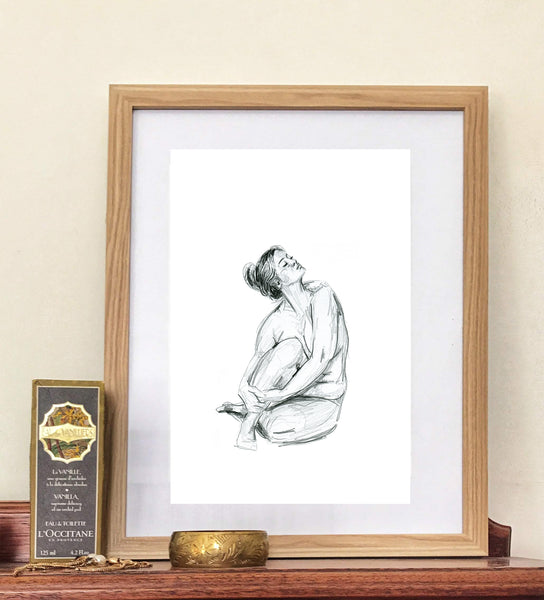 Hand drawn curvy nude female figure drawing print. Tasteful Black and White sketch. Unique Gift for her, boudoir, or country style