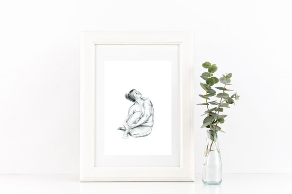 Hand drawn curvy nude female figure drawing print. Tasteful Black and White sketch. Unique Gift for her, boudoir, or country style