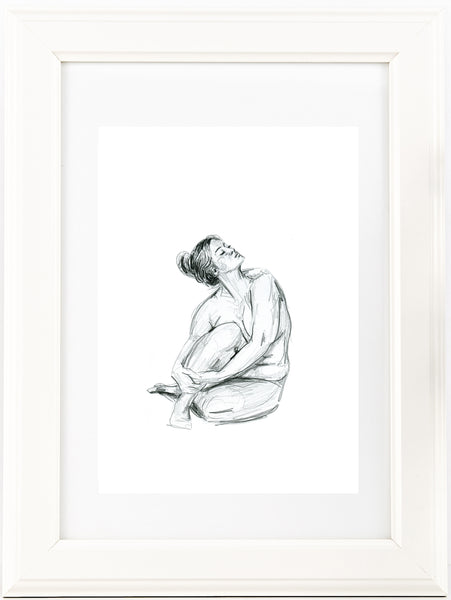 Hand drawn curvy nude female figure drawing print. Tasteful Black and White sketch. Unique Gift for her, boudoir, or country style