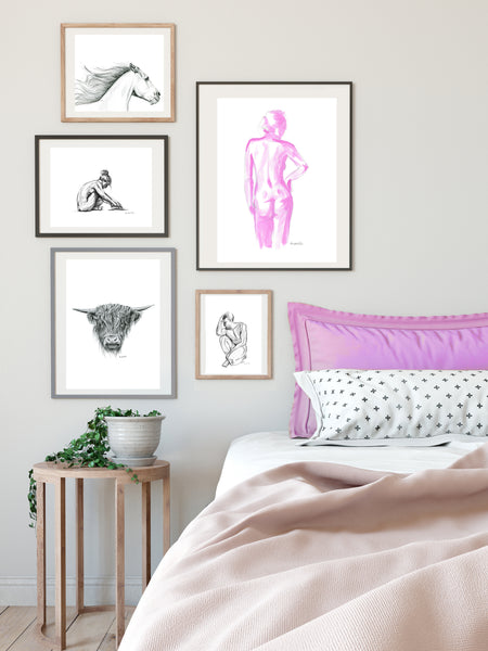 Original pink nude female figure painting. A3 life figure acrylic & pencil sketch. Gift for her, tasteful boudoir bedroom or bathroom art