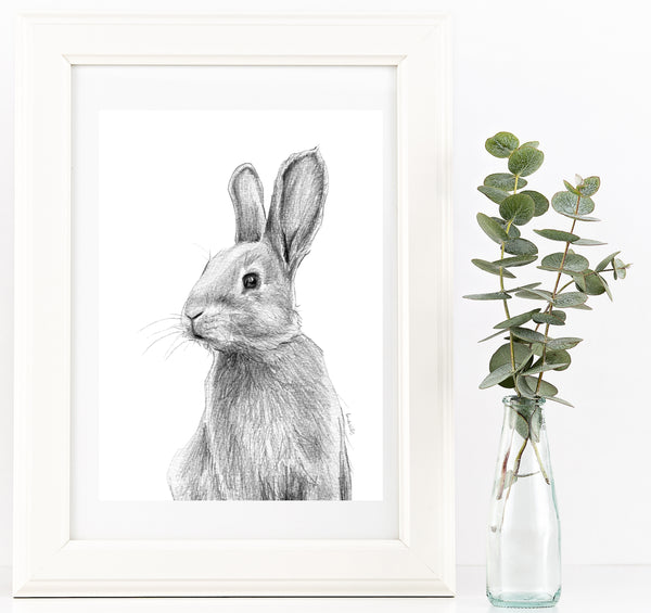 Black and white rabbit drawing print