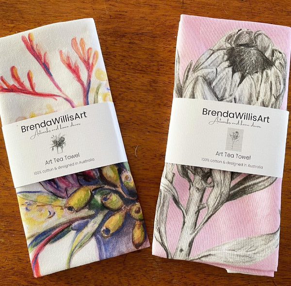 Protea art pink tea towel & pink card set. Floral graphite drawing artwork on 100% cotton and matching card