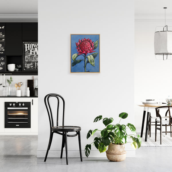 Australian Waratah acrylic framed canvas painting. 32.5cm x 42cm