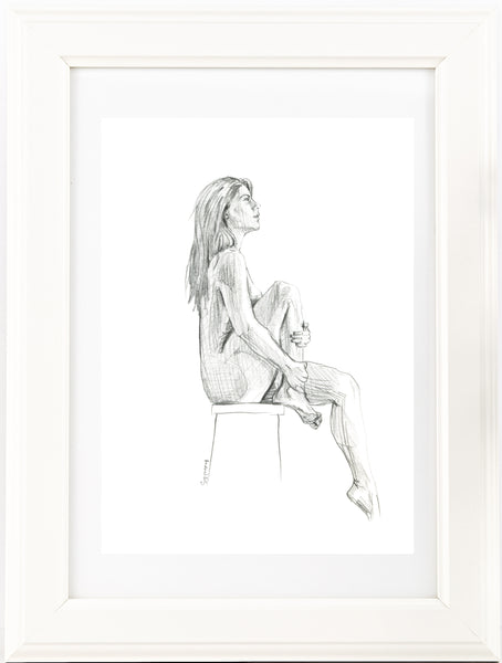 Original female seated nude figure pencil sketch. A4