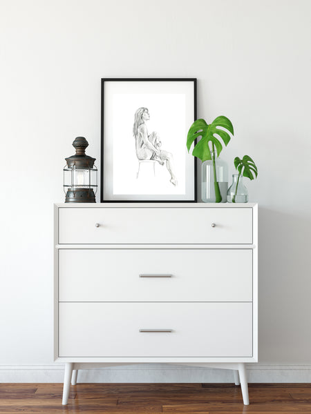 Elegant Seated hand drawn nude female figure drawing print.