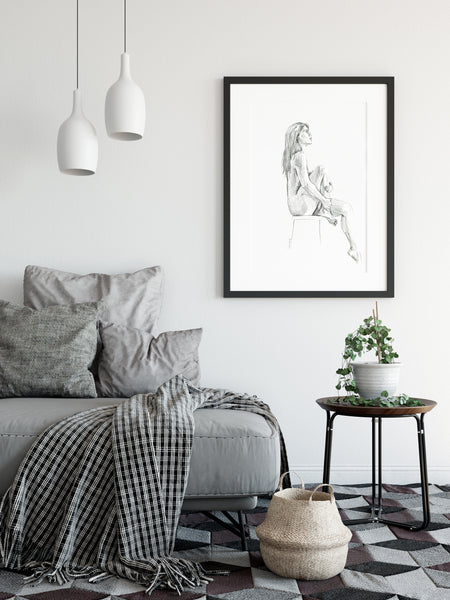 Elegant Seated hand drawn nude female figure drawing print.