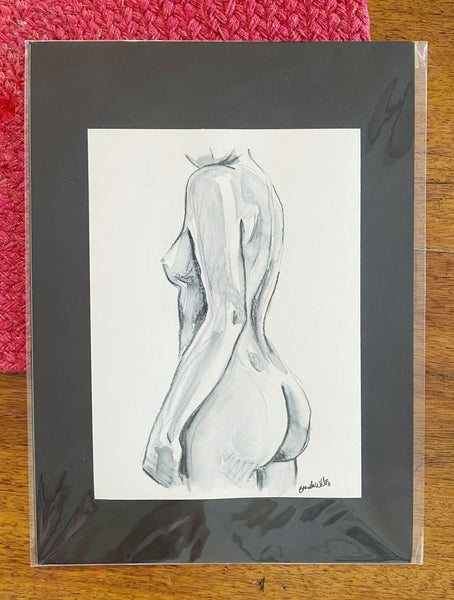 Original watercolour female nude sketch. Black and white painting
