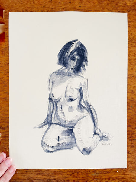 Original curvy female figure painting sketch. Navy brush sketch painting