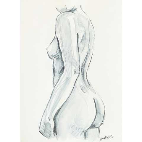 Original watercolour female nude sketch. Black and white painting