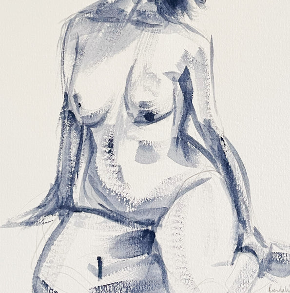 Original curvy female figure painting sketch. Navy brush sketch painting