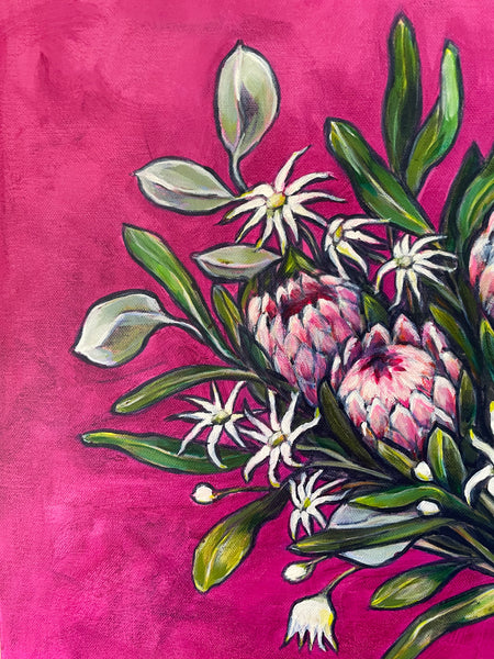 'Intrepid Daring' Australian native bouquet canvas painting. 52cm x 52cm