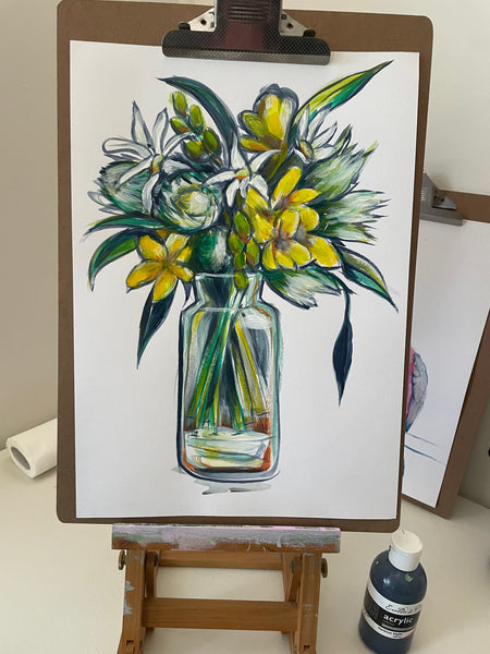 Original vibrant flower vase painting artwork A3