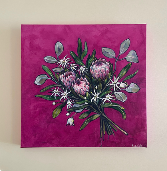 'Intrepid Daring' Australian native bouquet canvas painting. 52cm x 52cm
