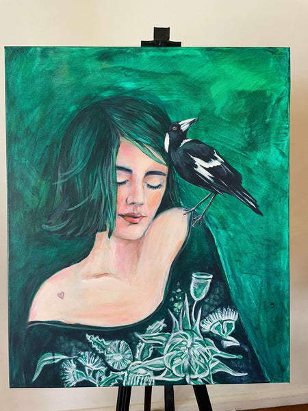 Heart on her shoulder acrylic canvas painting. 51cm x 61cm