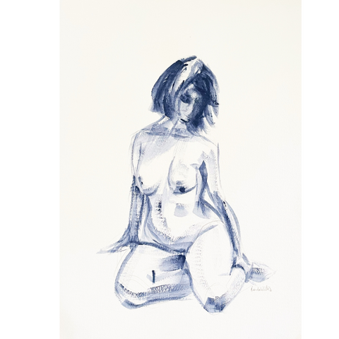 Original curvy female figure painting sketch. Navy brush sketch painting