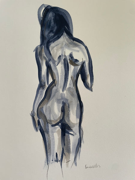 Original standing female figure painting sketch. Navy brush sketch painting