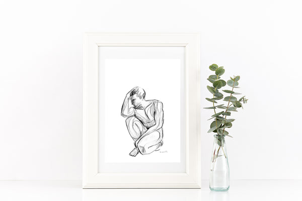 Black and white nude male figure watercolour print.