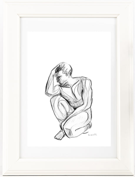 Black and white nude male figure watercolour print.