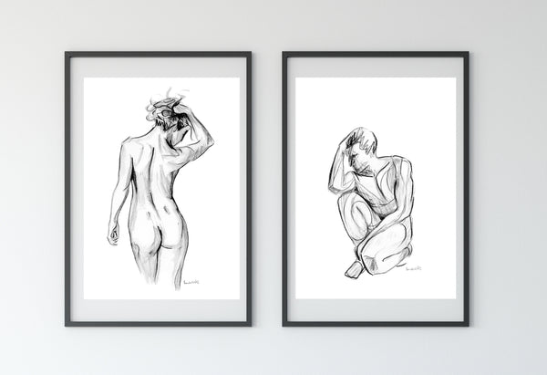 Black and white nude male figure watercolour print.