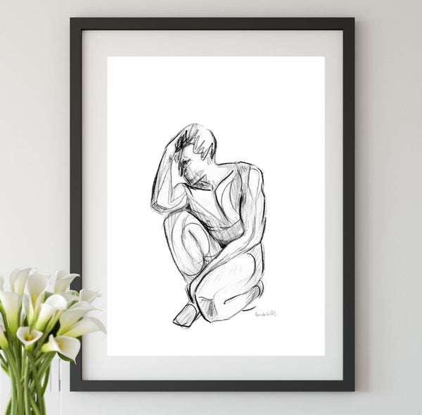 Black and white nude male figure watercolour print.