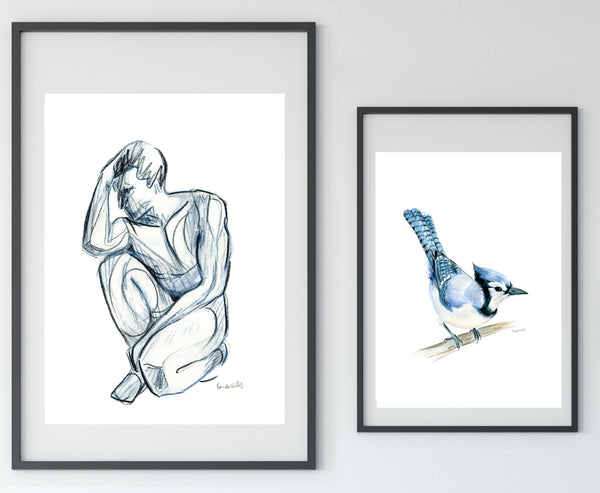 Black and white nude male figure watercolour print.