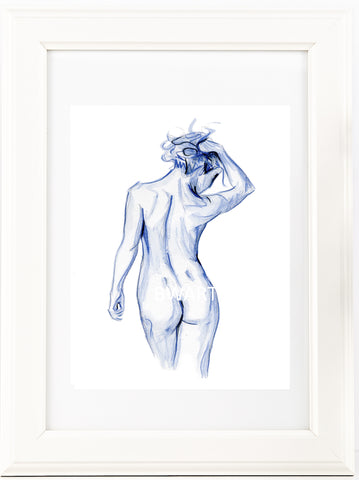 Blue and white female figure watercolour print.
