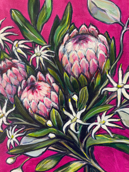 'Intrepid Daring' Australian native bouquet canvas painting. 52cm x 52cm