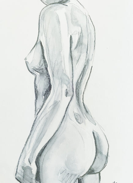 Original watercolour female nude sketch. Black and white painting
