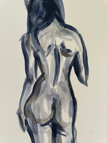 Original standing female figure painting sketch. Navy brush sketch painting