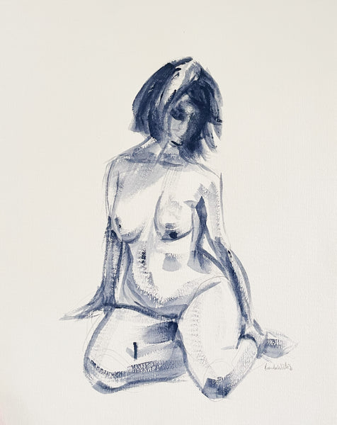 Original curvy female figure painting sketch. Navy brush sketch painting