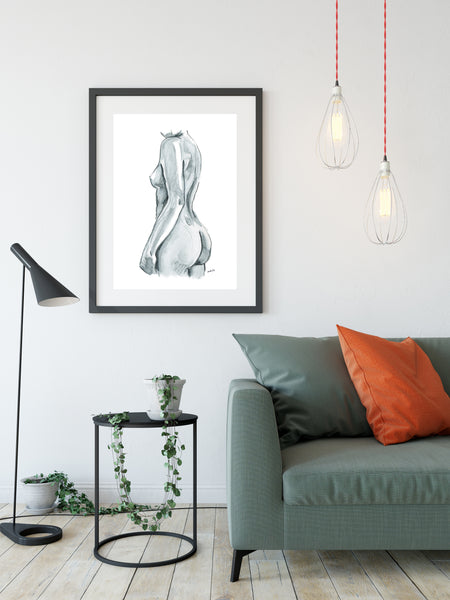Black and white nude female side figure watercolour print.