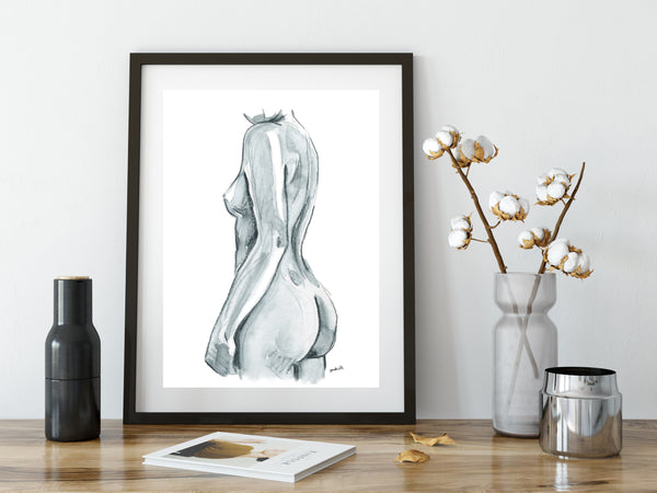 Black and white nude female side figure watercolour print.