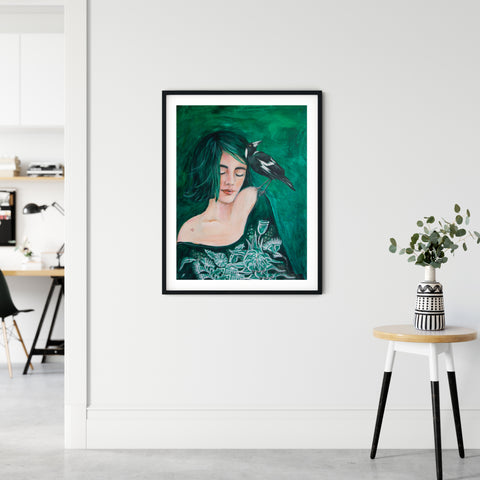 Green Girl and Magpie painting print