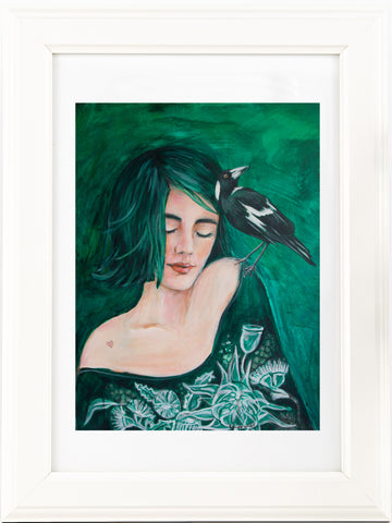 Green Girl and Magpie painting print